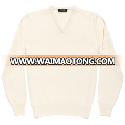 V-neck white color mens 100% cashmere sweater