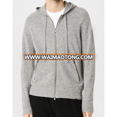 100% pure cashmere men's grey hoodie zipper cardigan sweater